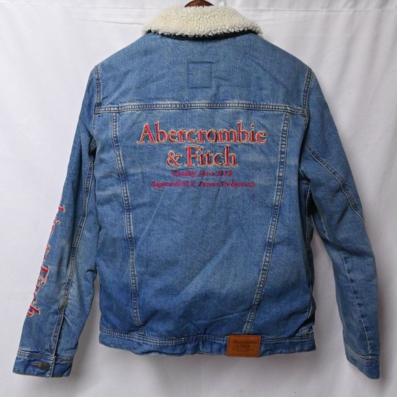 A&F Abercrombie & Fitch Denim Jacket Mens Medium Sherpa Lined Spellout - Picture 1 of 5
